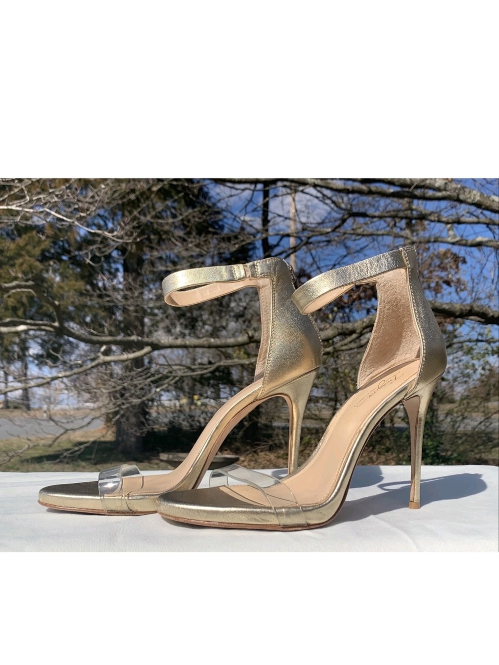 Vince Camuto Metallic Gold Ankle-Strap Stiletto Sandals